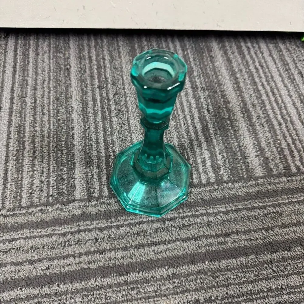 Vintage Teal Turquoise Glass Candlestick Holder | Coastal Beach Vibe | Taper